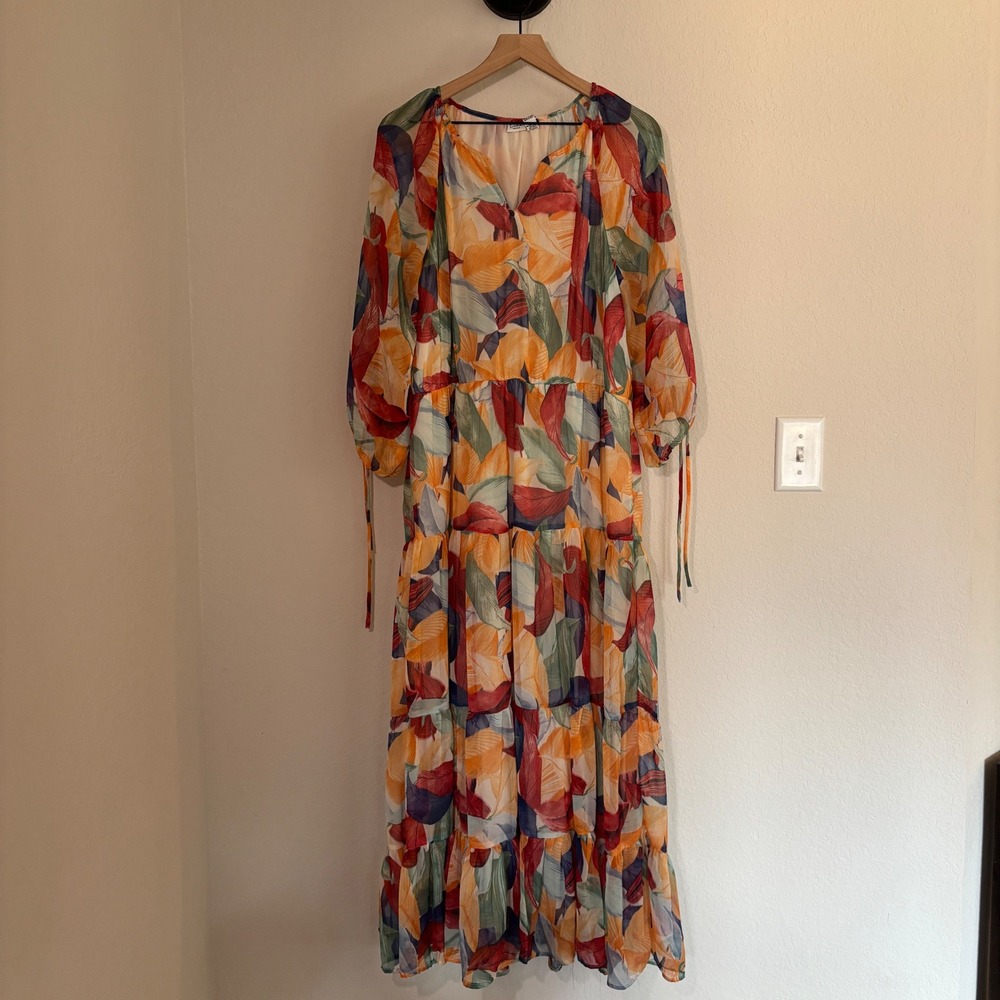 Luna Skies Maxi Dress XL Chiffon Tropical Leaf Tiered Multicolor Boho Romantic